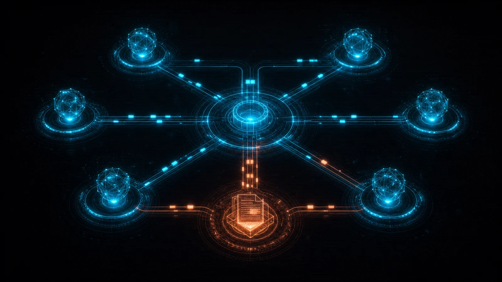 Abstract cyberpunk schematic of a multi-agent message bus: agent nodes around a central hub with ember and cyan handoff trails, one node highlighted as a shared notes ledger