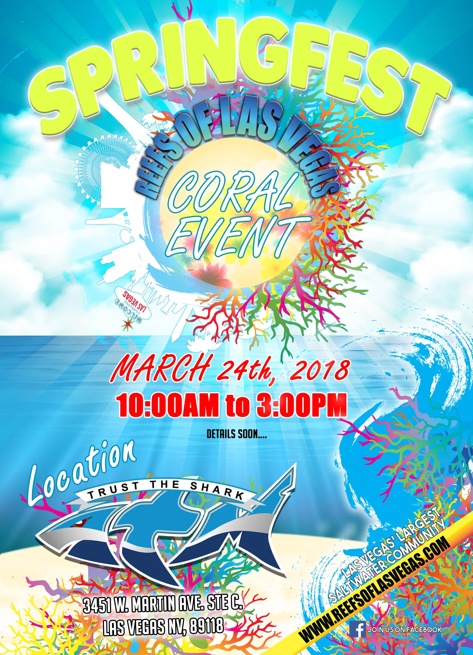 Springfest coral event flyer, Reefs of Las Vegas, March 24 2018, hosted at Acrylic Tank Manufacturing (Discovery Channel Tanked)
