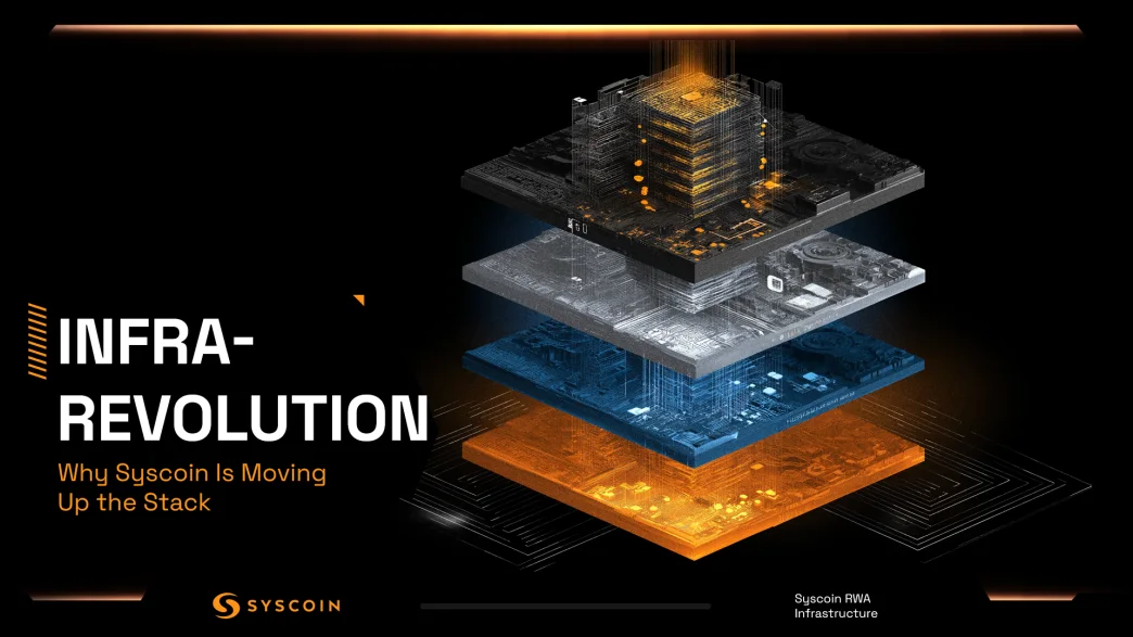 "Infrastructure Revolution, Why Syscoin is Moving Up the Stack" article hero · stacked infrastructure layers in ember on dark backdrop