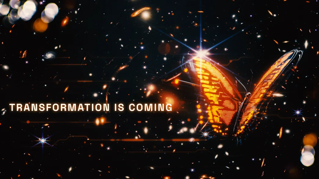 Syscoin zkSYS transformation graphic, ember butterfly emerging from cosmic particles, 'Transformation Is Coming' tagline