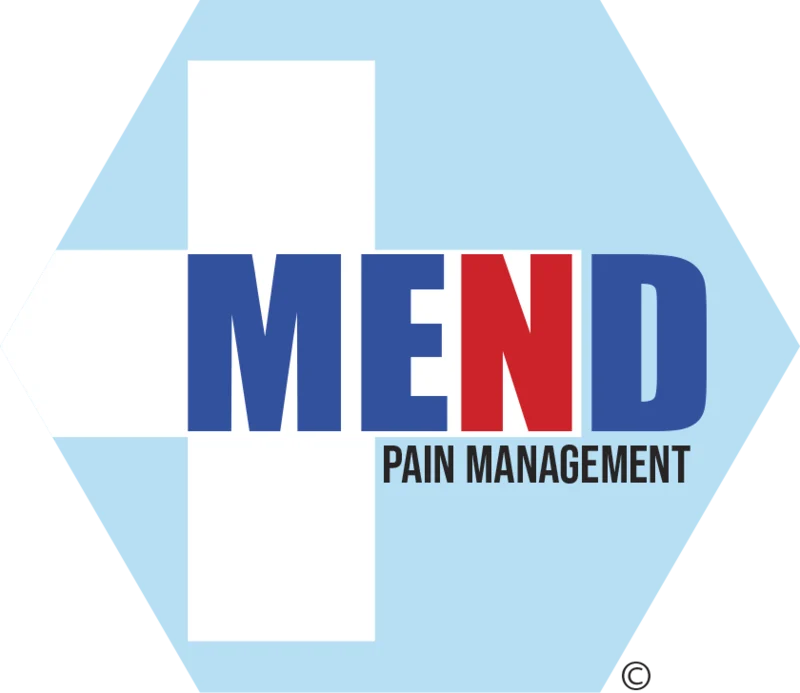 Mend Pain Management logo, blue hexagon with medical cross