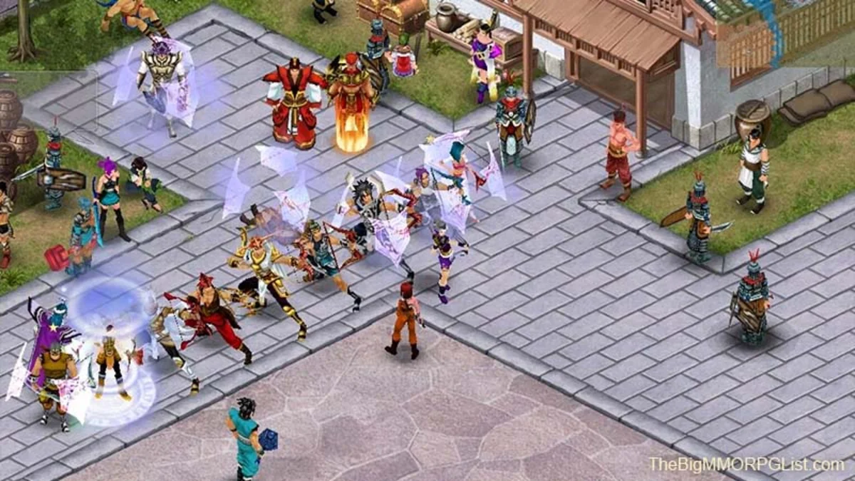 Conquer Online isometric MMO gameplay, a crowd of armored characters battling in a Han-dynasty styled town