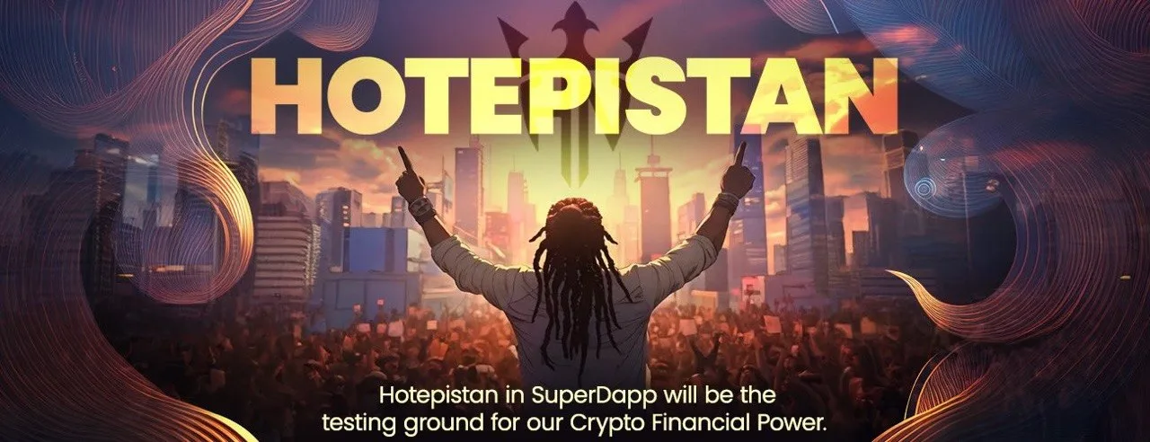 Hotepistan in SuperDapp brand artwork, gold-orange title typography over cyberpunk cityscape with silhouette figure raising arms over crowd holding glowing rectangles