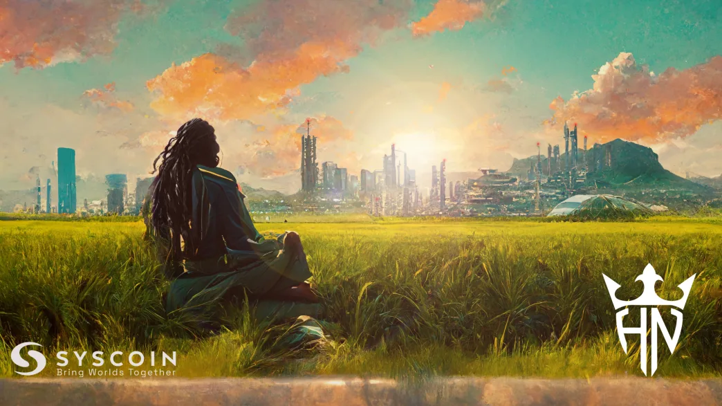 Hotep Jesus Syscoin endorsement banner, dreadlocked figure looking over a futuristic city at sunset, Syscoin + HotepNation logos