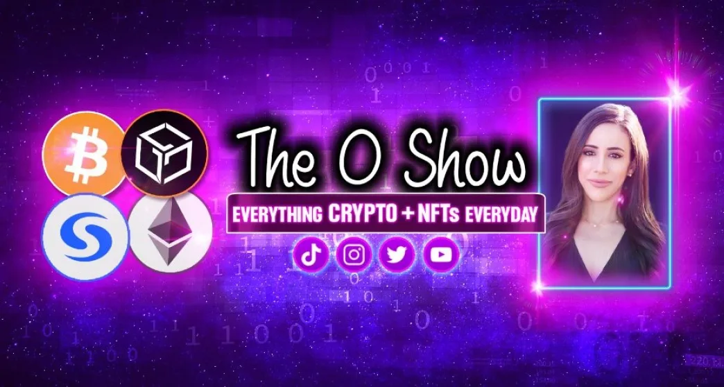 The O Show banner, Wendy O portrait with Bitcoin, Gala, Syscoin, Ethereum tokens over cosmic purple backdrop