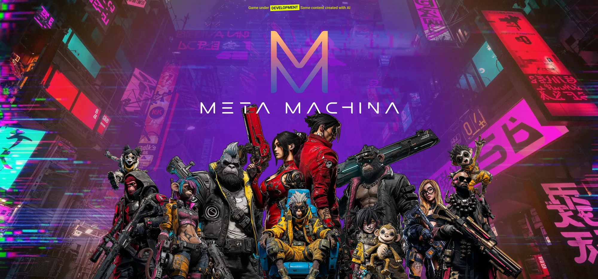 Meta Machina key art, the M logo and wordmark over a neon cyberpunk cityscape with the full cast of characters and clans below
