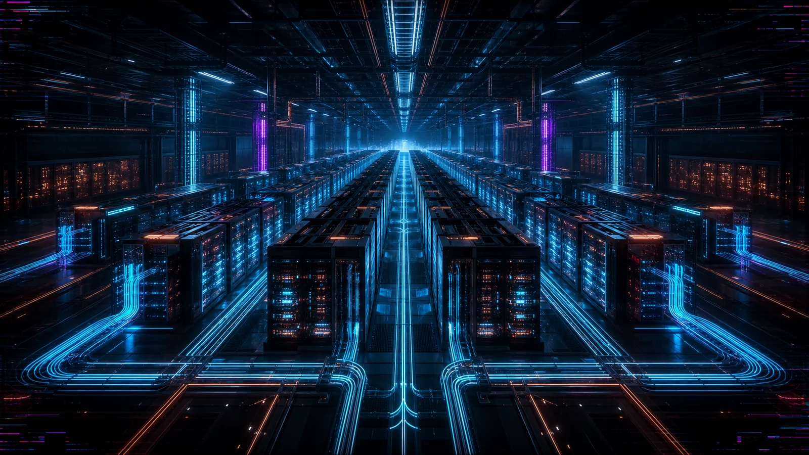 Futuristic data-center interior, rows of glowing server racks receding into depth, cyan network fiber lines forming an infrastructure topology
