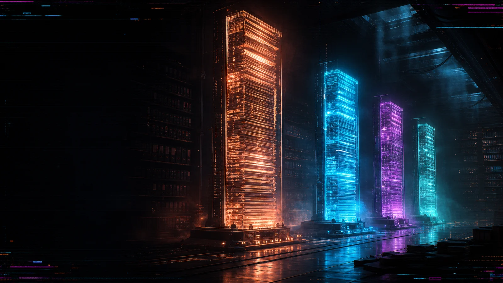 Four tall pillars of light in a dark archive, the four chapters of the career record