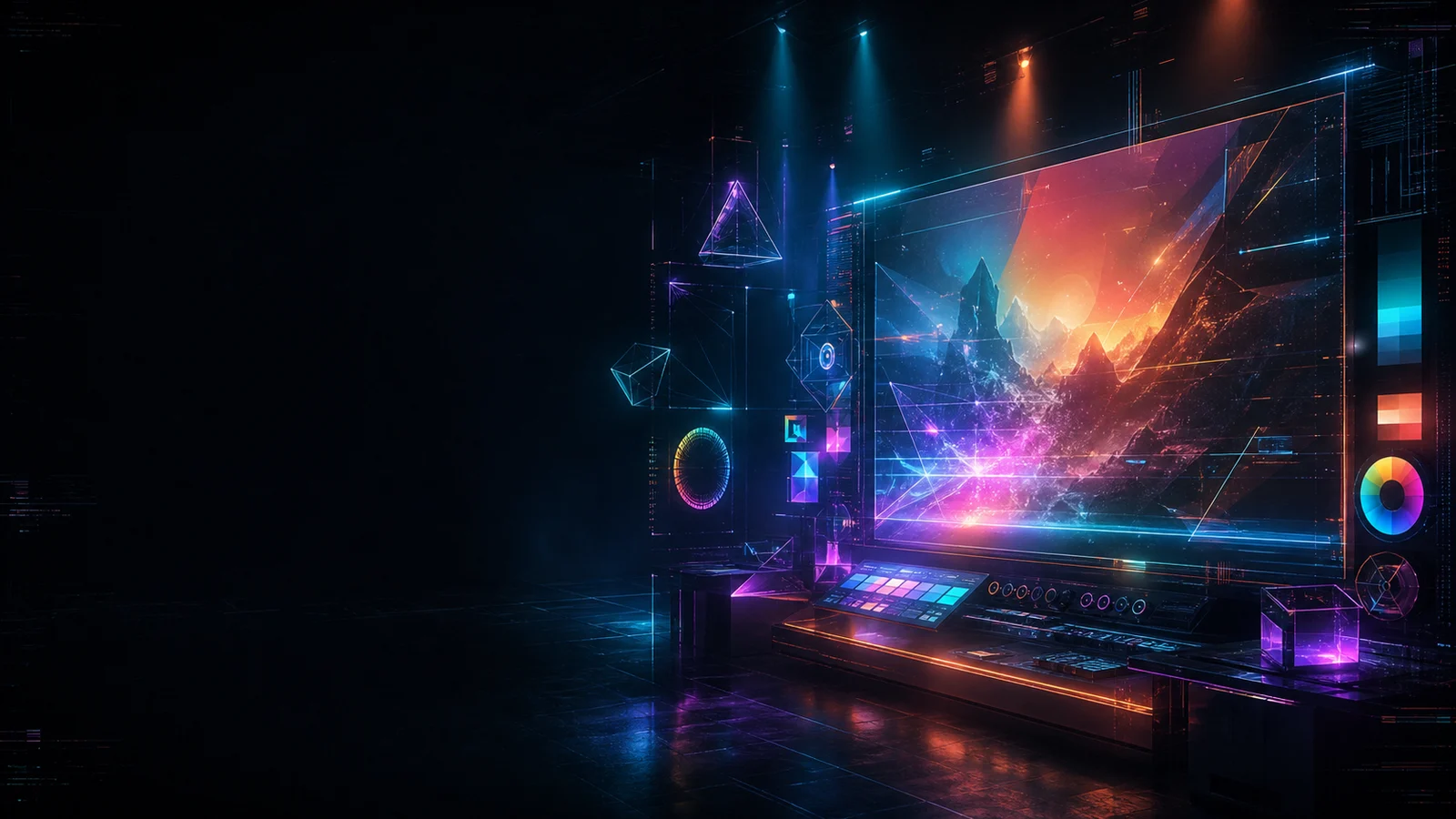 Cyberpunk color-grading suite at night, three ember-lit monitors, brushed-metal desk