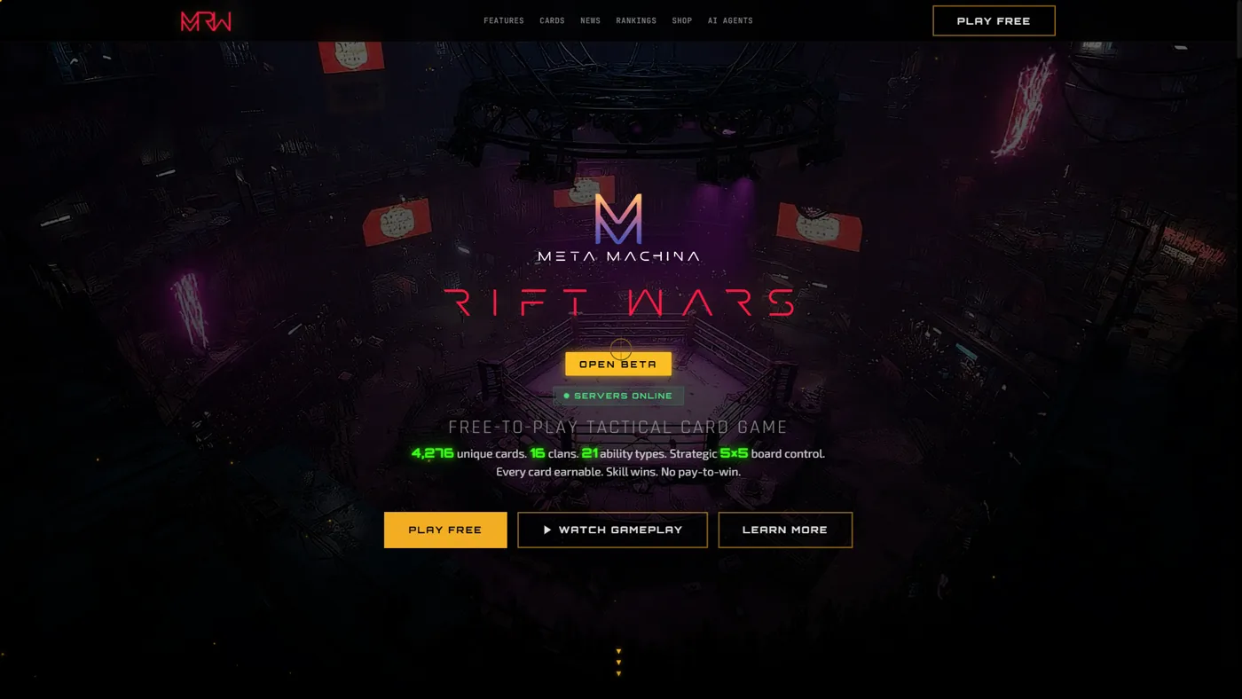 Rift Wars marketing site hero, Meta Machina × Rift Wars wordmark over cyberpunk arena