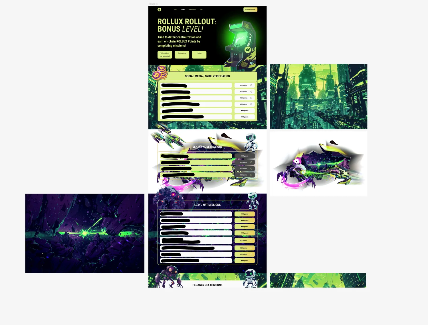 Rollux Arcade rollout bonus-level web layout mockup, gamified points campaign with leaderboard and missions