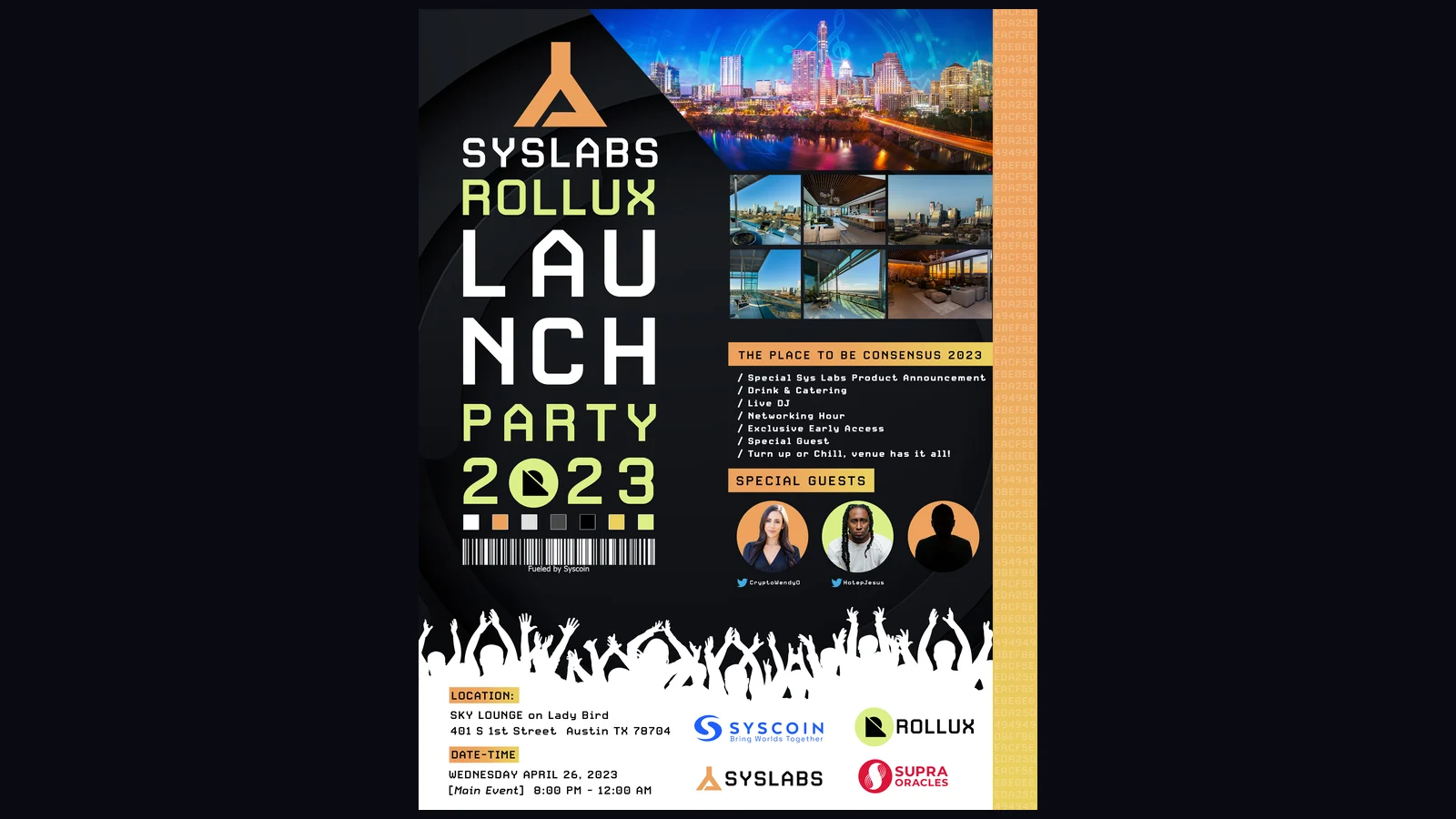 SysLabs Rollux Launch Party 2023 flyer, Consensus 2023 Austin, Sky Lounge on Lady Bird, special guests Crypto Wendy O and Hotep Jesus
