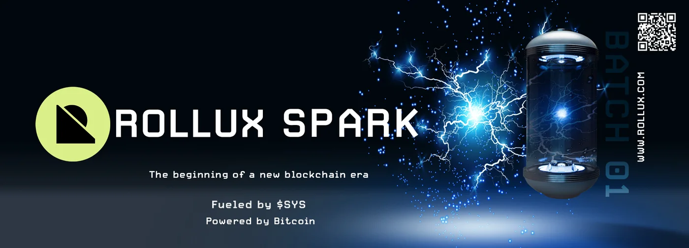 Rollux SPARK Batch 01 banner, energy capsule with blue electricity on a dark field