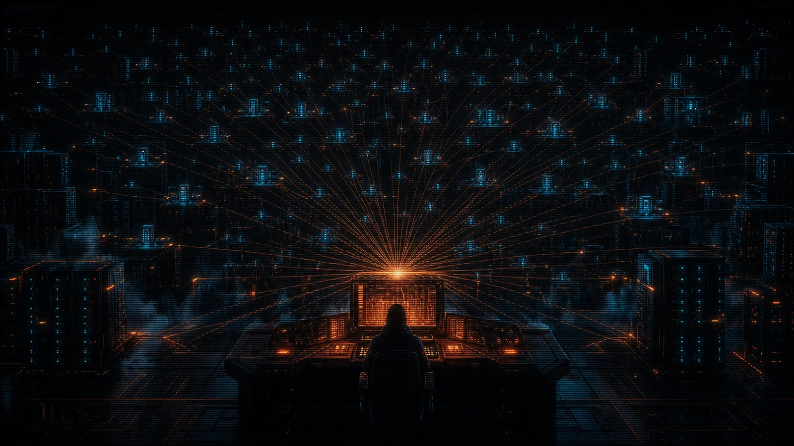 A lone operator at a lit console facing a vast wall of network endpoints, ember and cyan connection lines fanning out across a dark cyberpunk control room