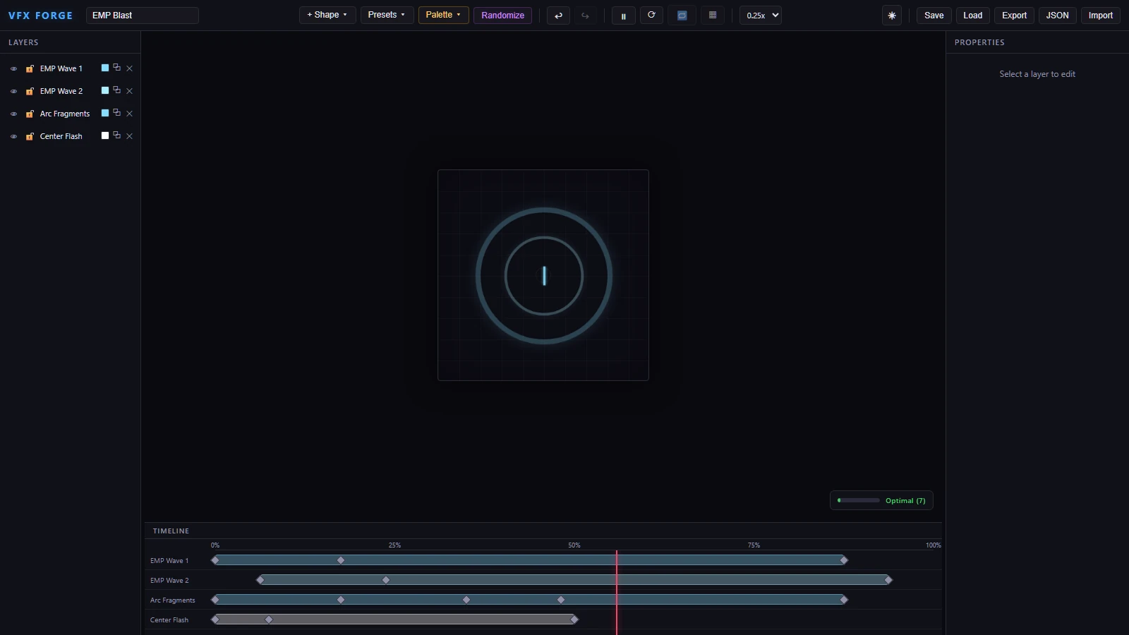 VFX Forge app interface, EMP Blast preset rendered live in the canvas with the layer stack and keyframe timeline visible