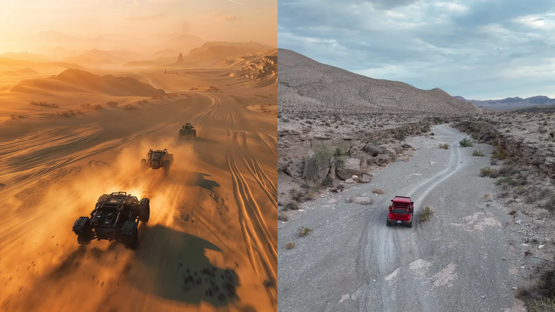 Split comparison, left a Meta Machina AI render of rift riders, right a real aerial drone plate of desert terrain